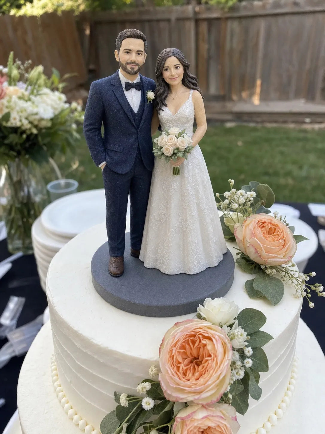 Bride and groom wedding cake topper figurine close wedding portrait example – AI-generated concept rendering