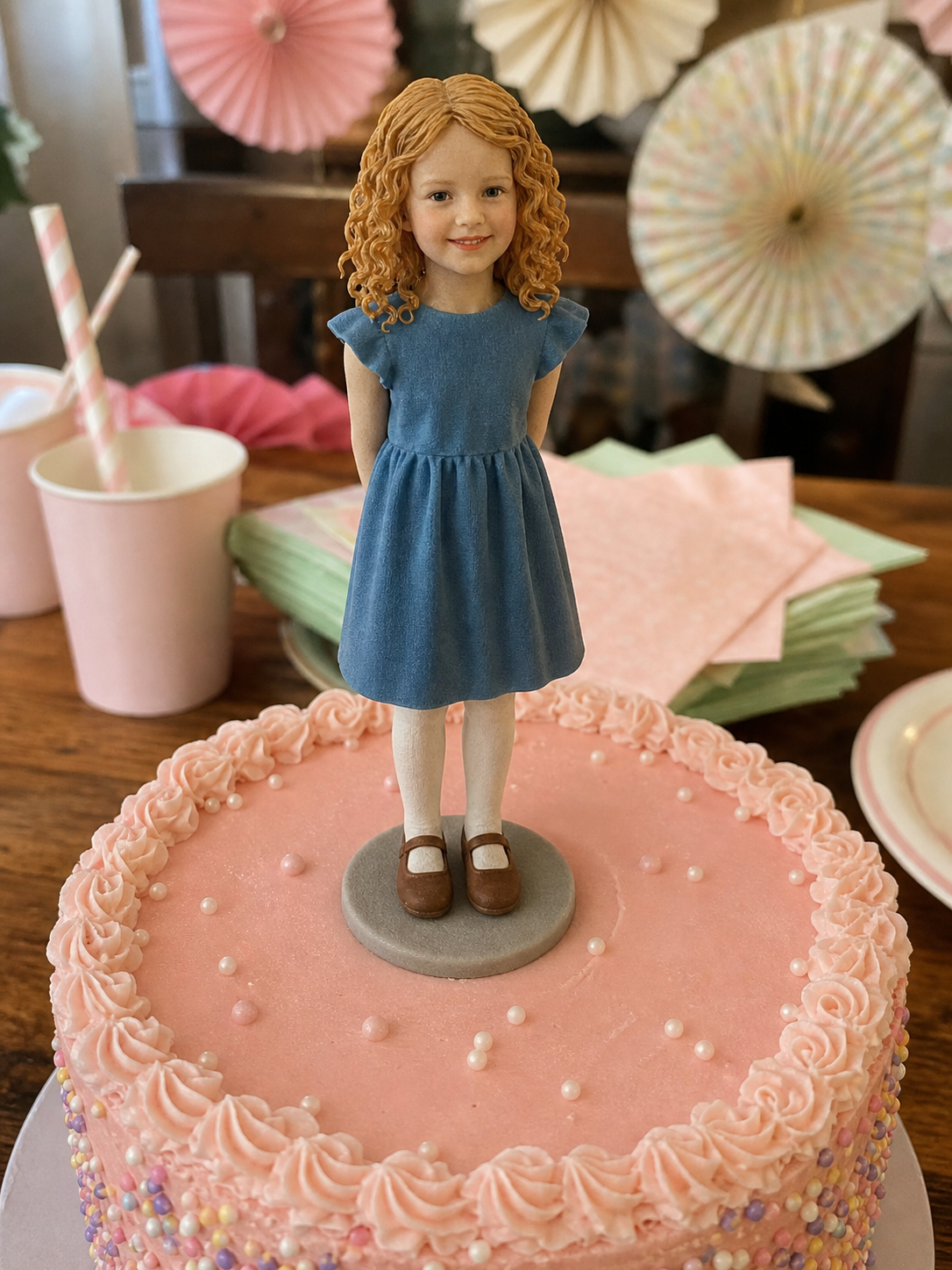 Custom child figurine from photo with pet companion display – AI-generated concept rendering