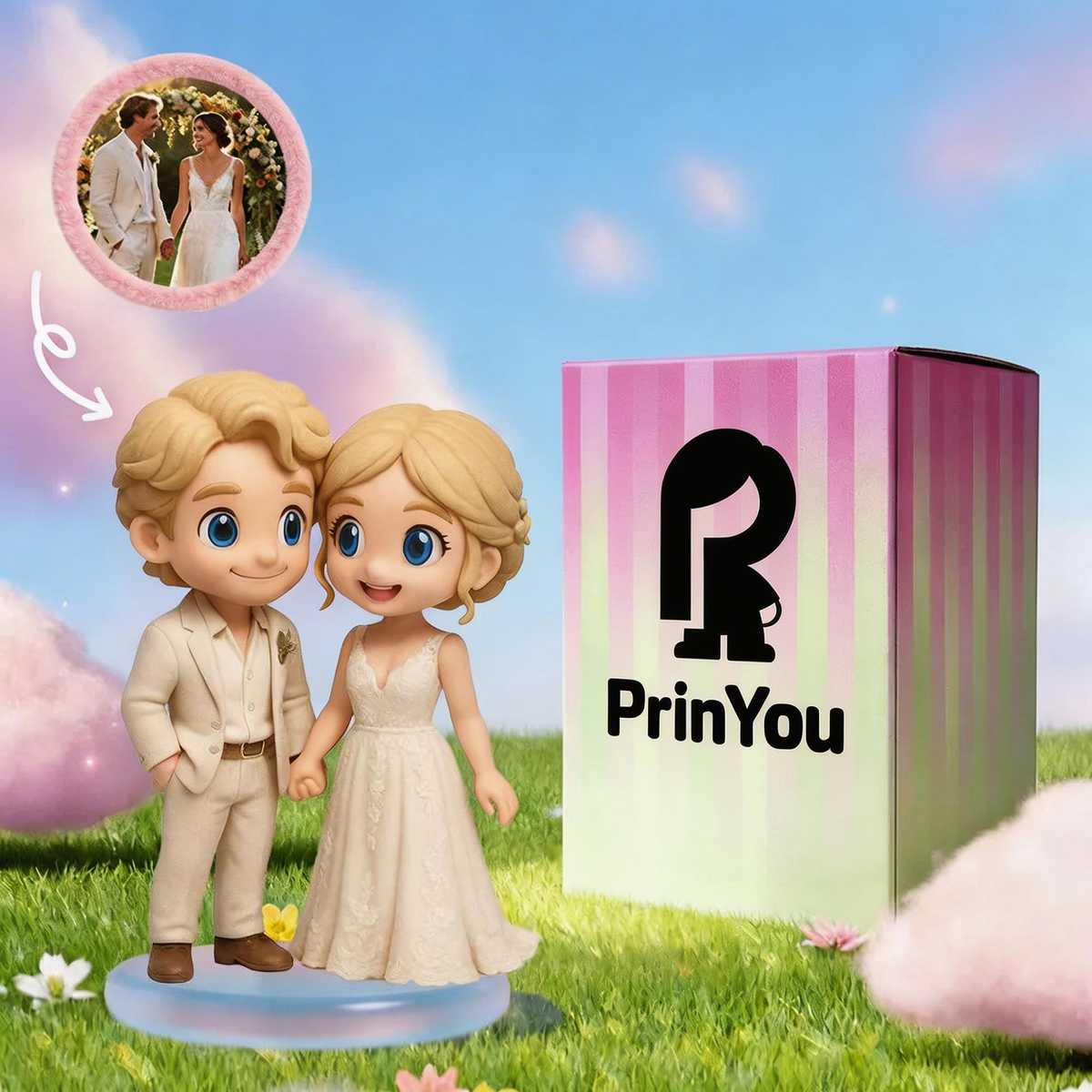 Custom 3D Couple Figurine from Photo packaging detail – AI-generated concept rendering