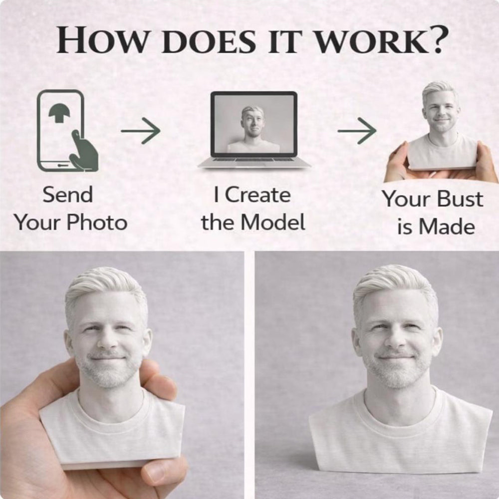 Personalized upper body keepsake statue side angle – AI-generated concept rendering