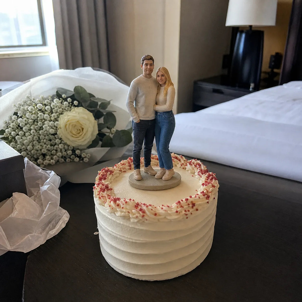 Custom wedding cake topper figurine with romantic couple pose – AI-generated concept rendering