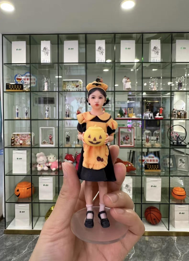 Custom soccer outfit figurine held in front of a display shelf