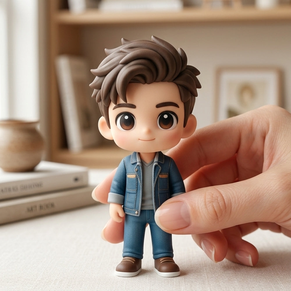 Custom male figurine held by hand for scale