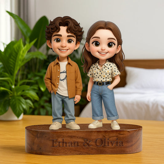 Custom 3D Figurine with Engraved Wood Base side view – AI-generated concept rendering