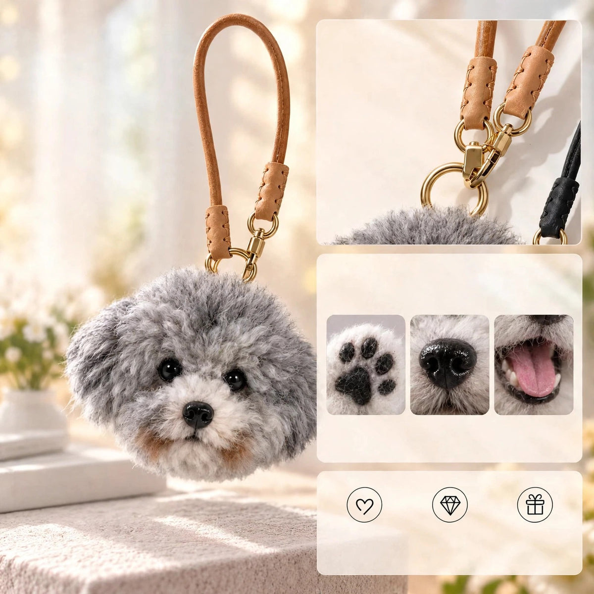 Custom needle felted wool pet face bag charm on a leather strap