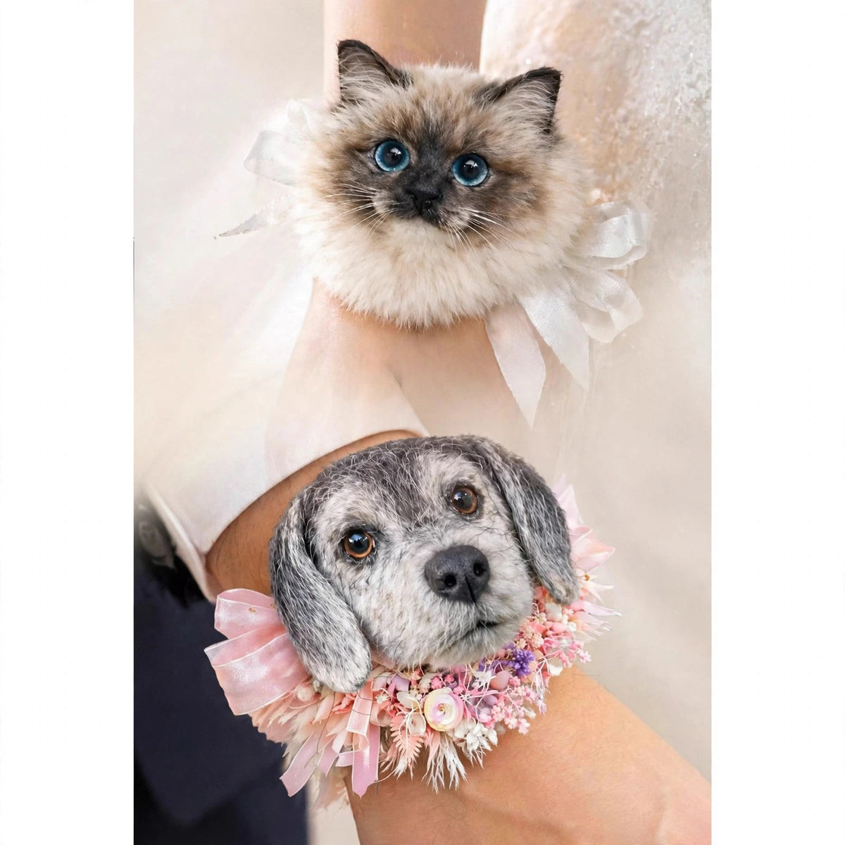 Custom needle felted wool pet face brooch and wedding wrist corsage