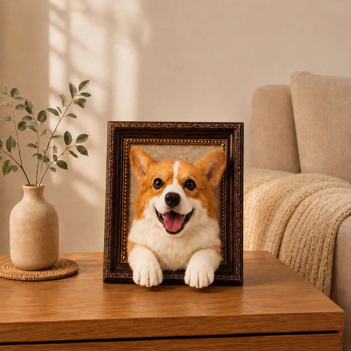 Custom needle felted wool pet portrait in a wooden frame, head and paws