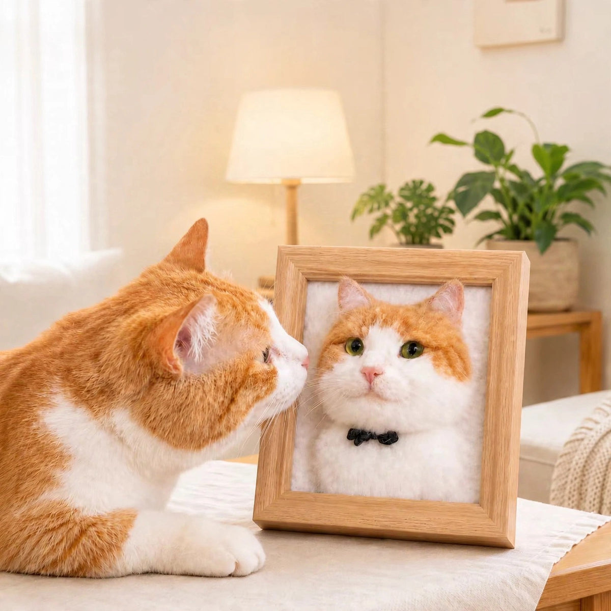 Custom needle felted wool pet portrait in a wooden frame, head and paws