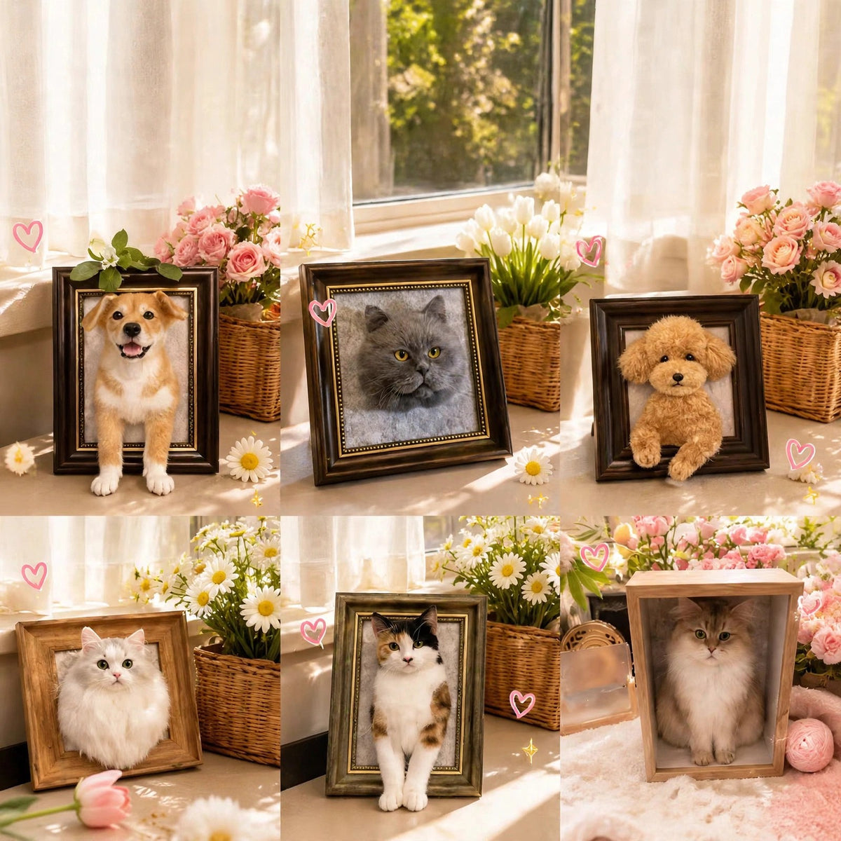 Custom needle felted wool pet portrait in a wooden frame, head and paws