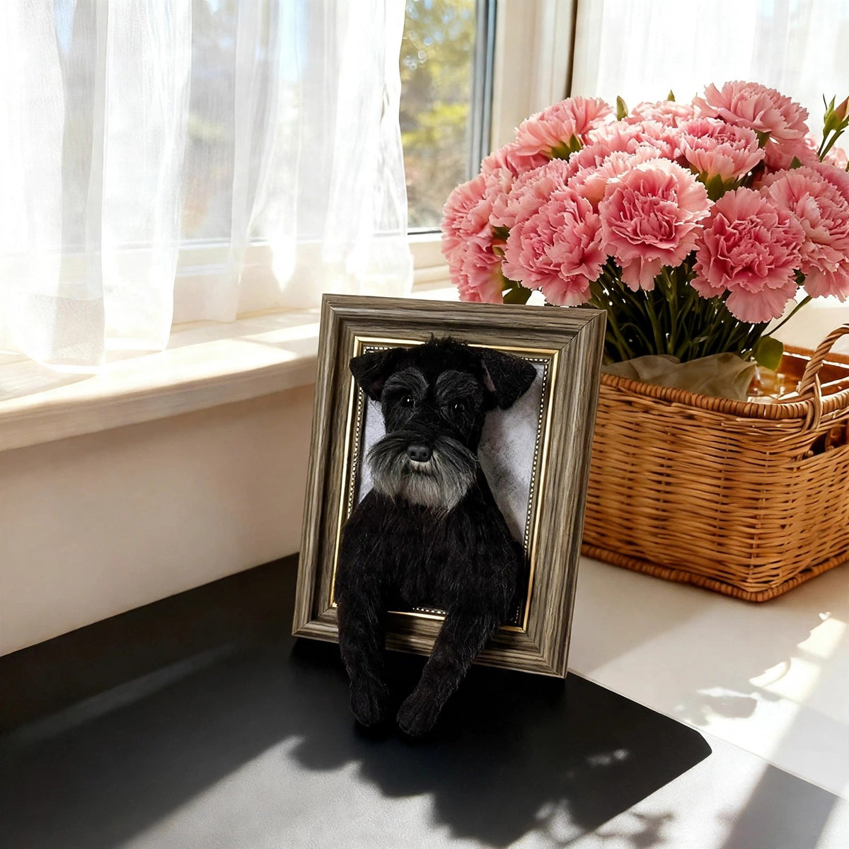 Custom needle felted wool pet portrait in a wooden frame, head and paws