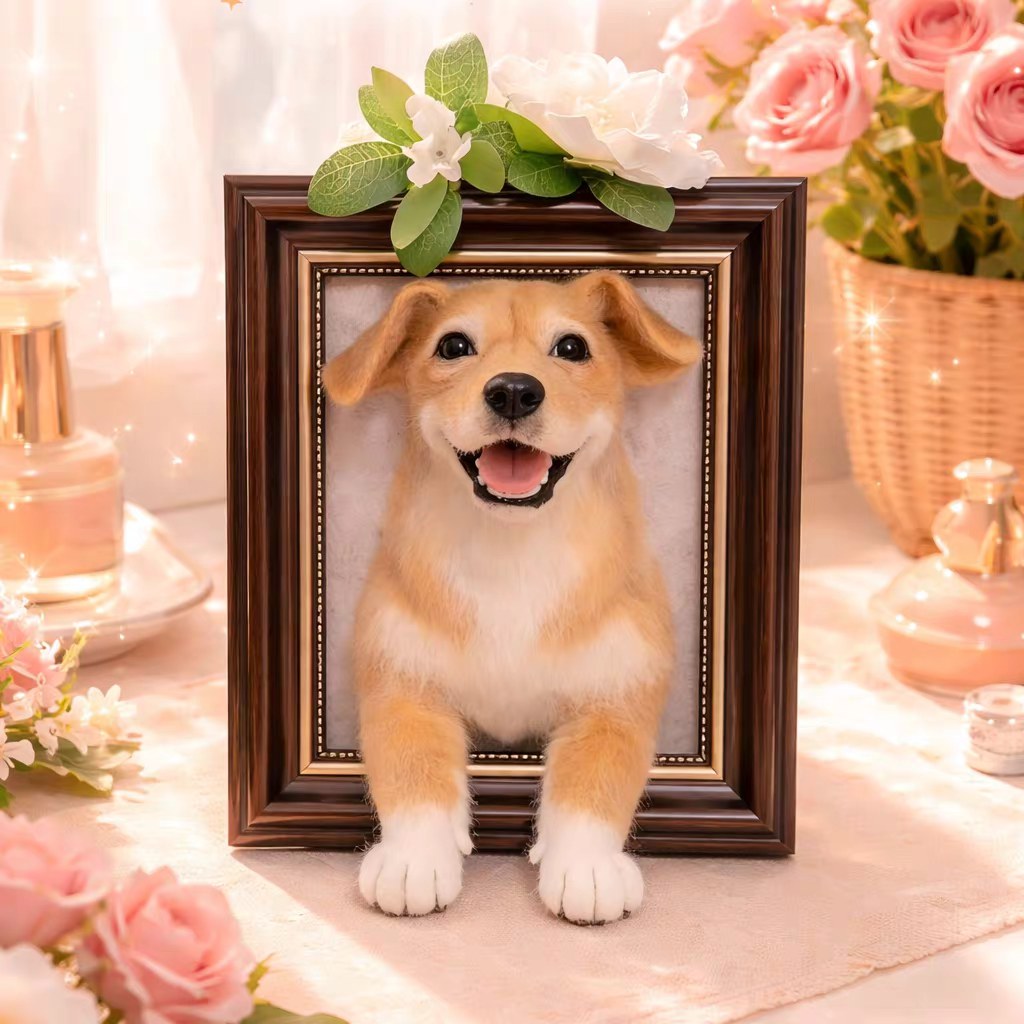 Custom needle felted wool pet portrait in a wooden frame, head and paws