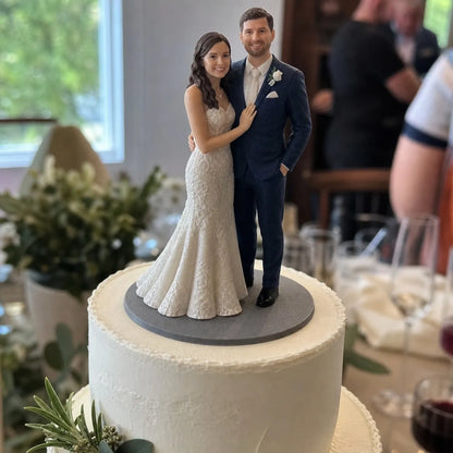 Wedding cake topper figurine from photo with clean bride and groom display – AI-generated concept rendering