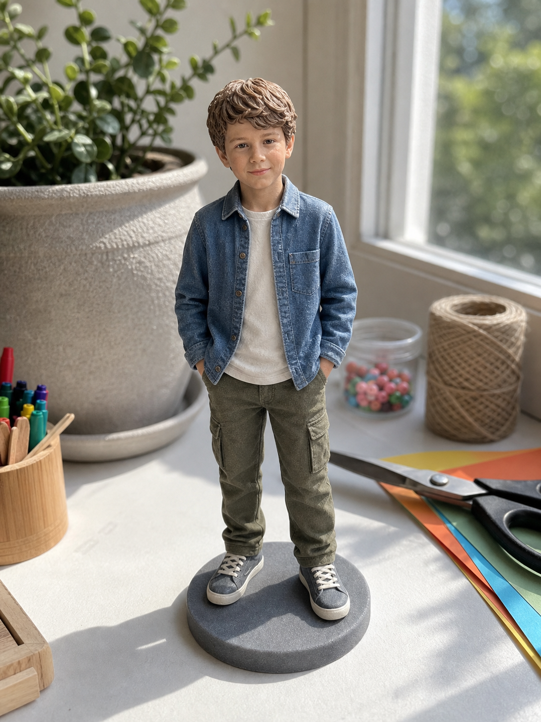 Custom child figurine displayed as a family shelf keepsake