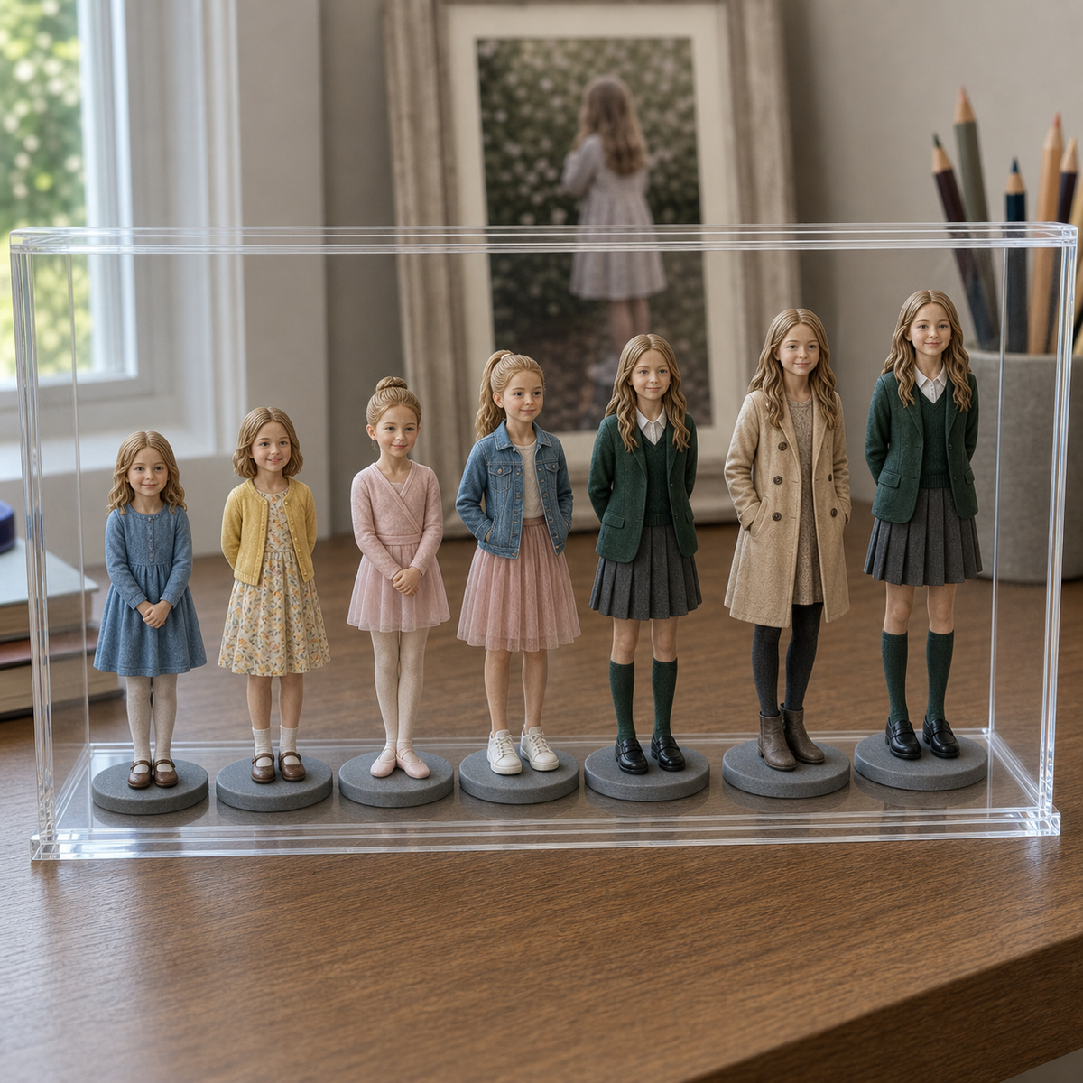 Custom child keepsake figurine shown on display – AI-generated concept rendering