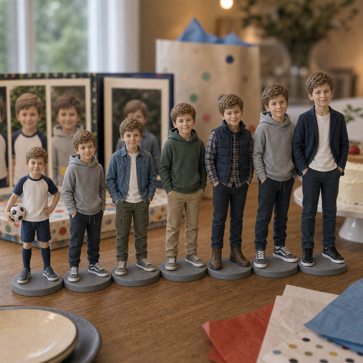 Personalized child figurine gift presentation from one photo – AI-generated concept rendering