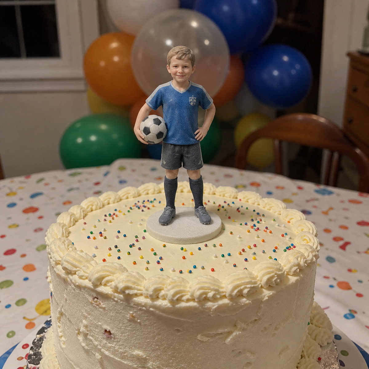 Custom birthday cake topper figurine from photo with pink dress front display – AI-generated concept rendering
