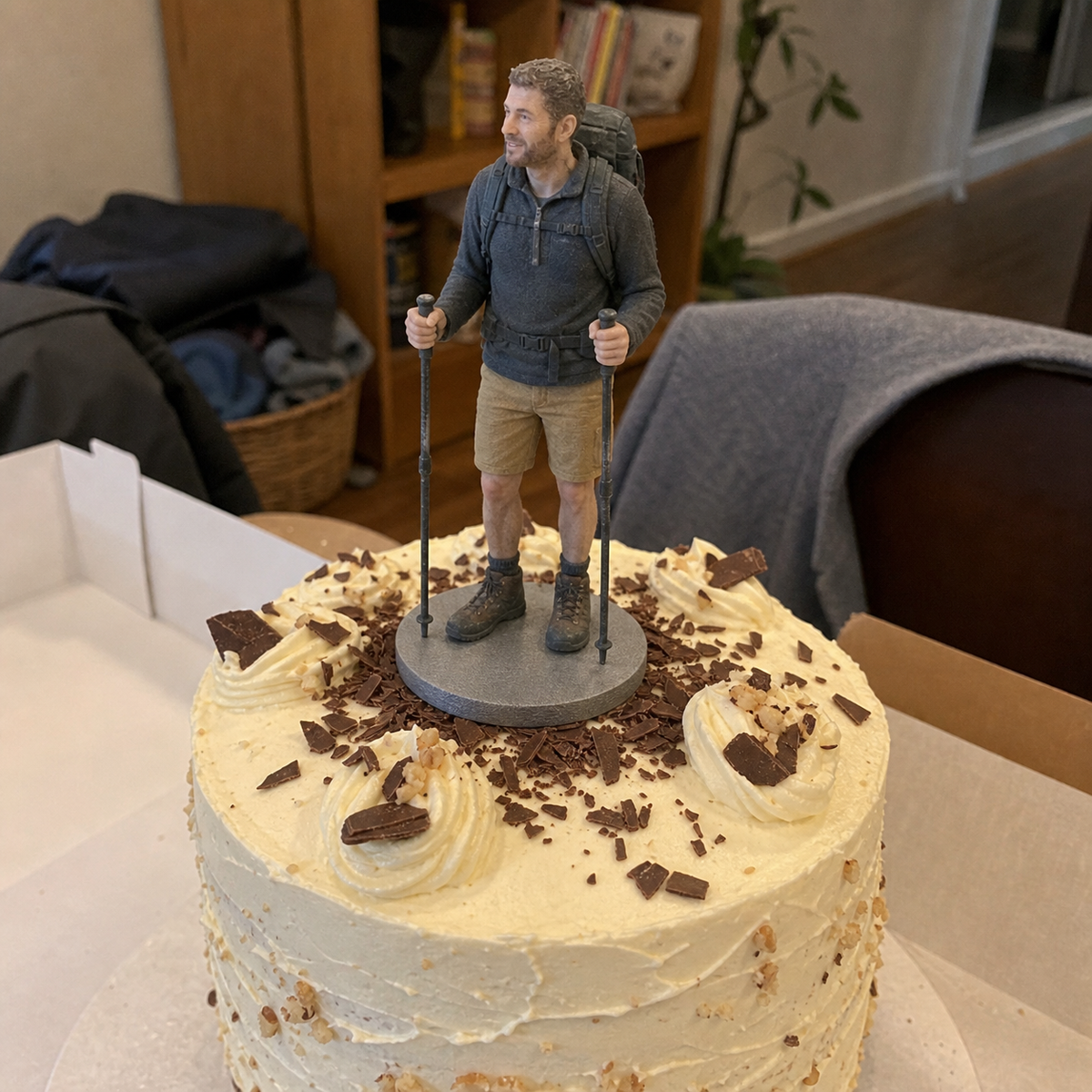 Birthday cake topper figurine close-up with face and outfit detail – AI-generated concept rendering
