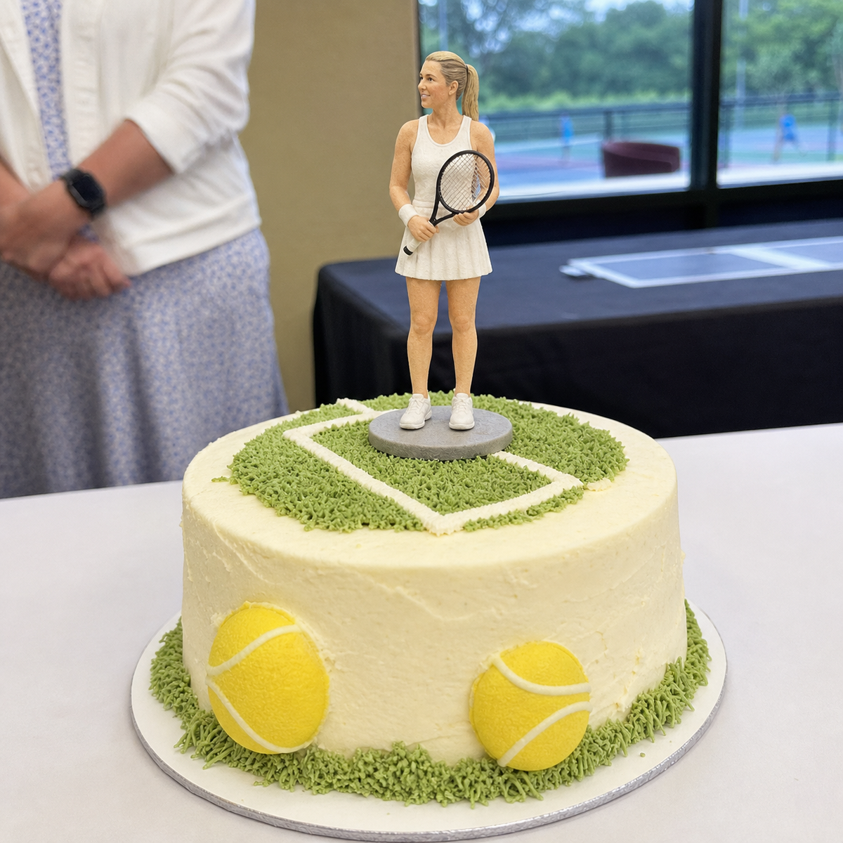 Custom birthday figurine from photo shown as a cake-top display – AI-generated concept rendering