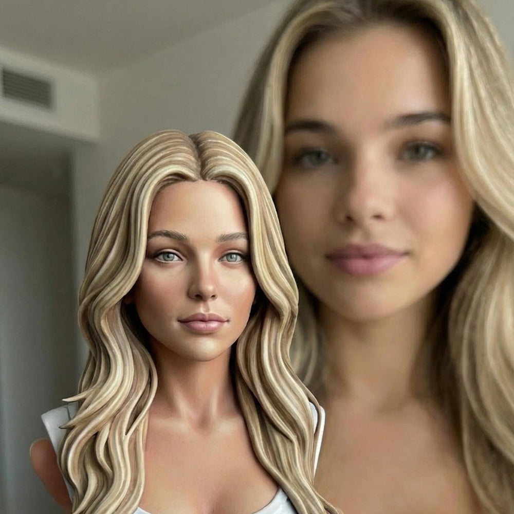Custom colored bust portrait sculpture side presentation