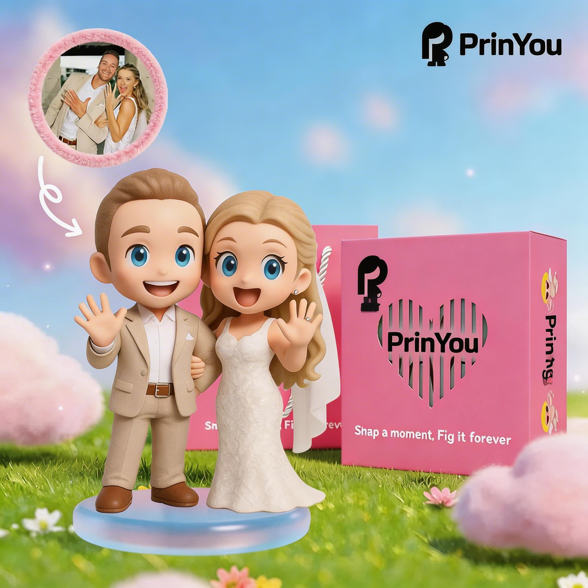 Custom 3D Couple Figurine from Photo shelf display view – AI-generated concept rendering