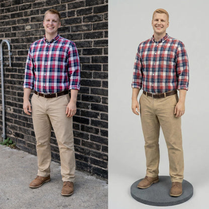 Custom plaid shirt figurine beside a full-body reference photo