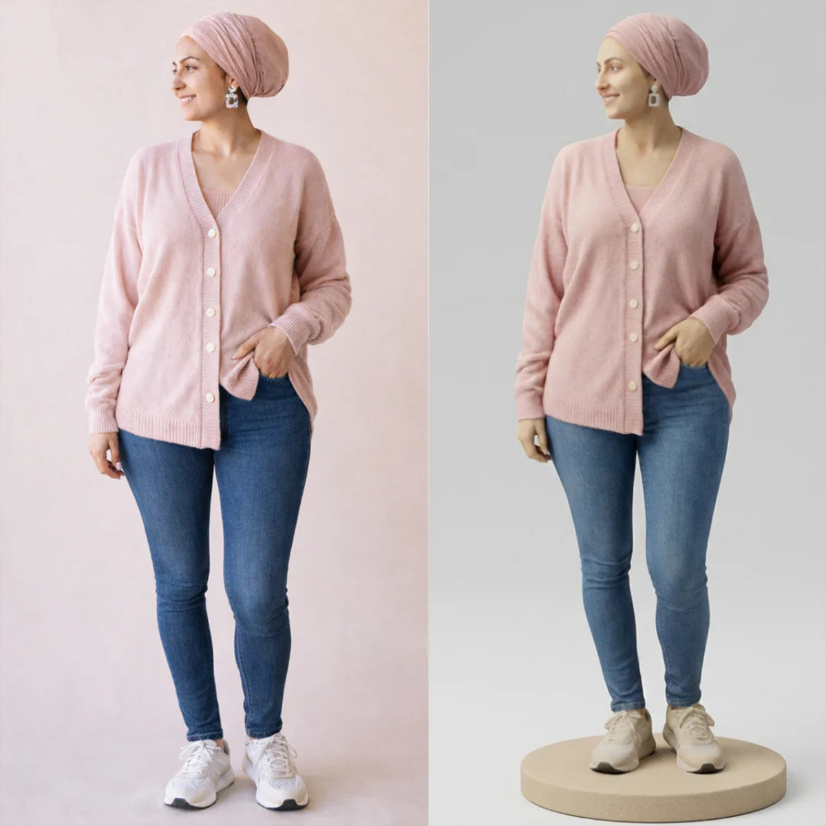Custom pink cardigan figurine beside a full-body reference photo