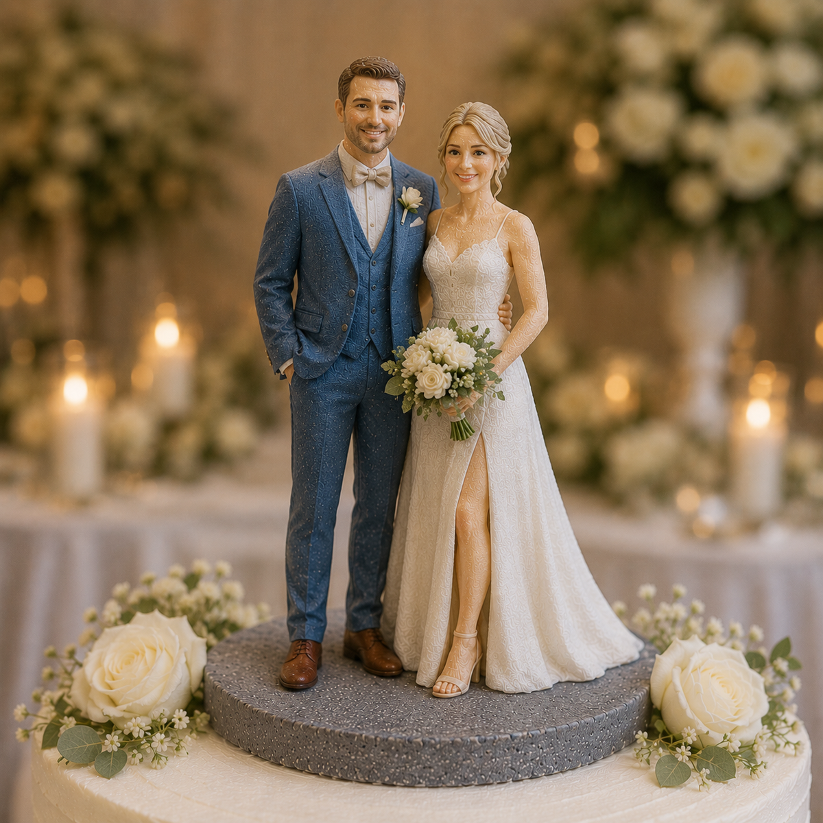Custom wedding cake topper figurine with blue suit and bride detail – AI-generated concept rendering