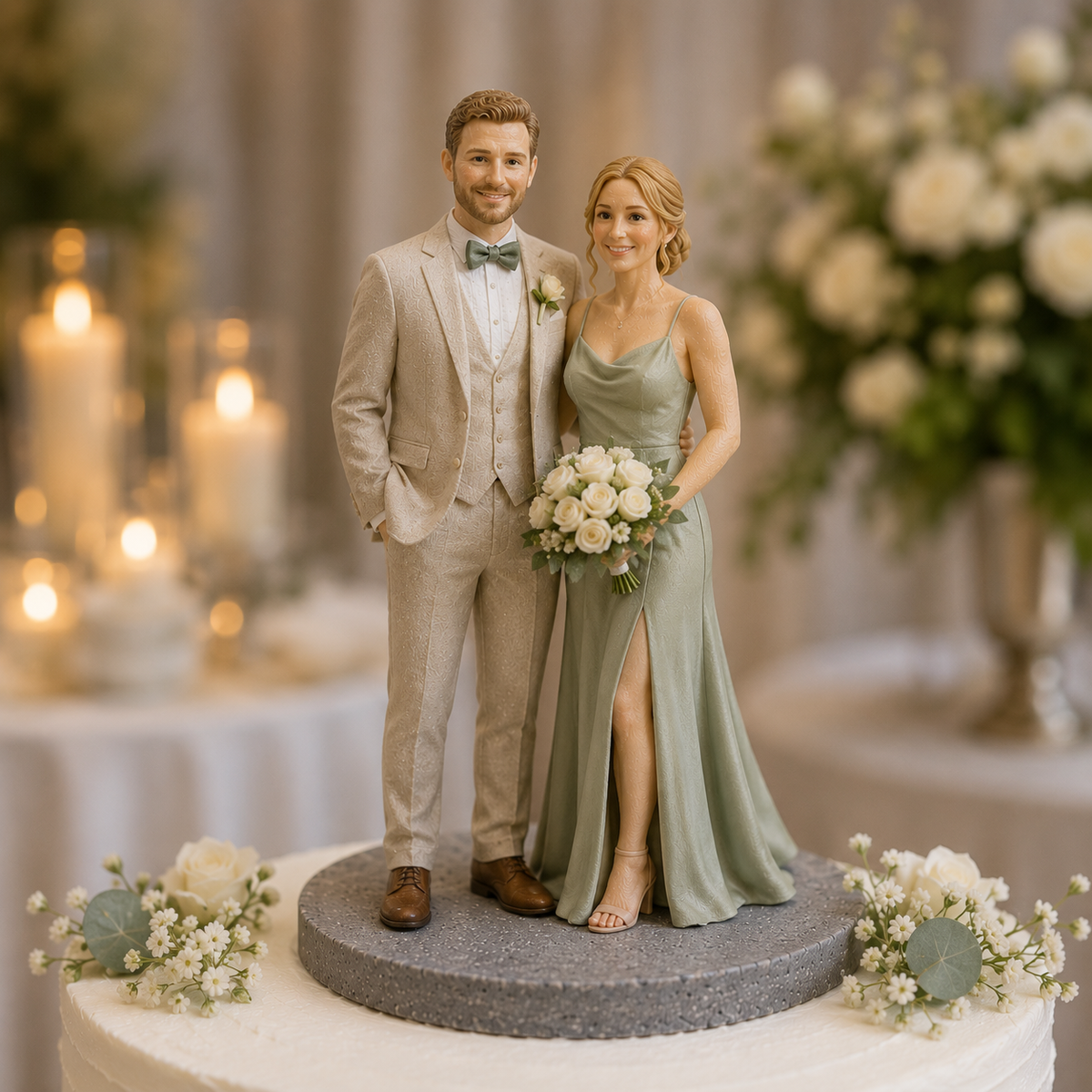 Personalized wedding cake topper figurine from photo with green dress couple display – AI-generated concept rendering