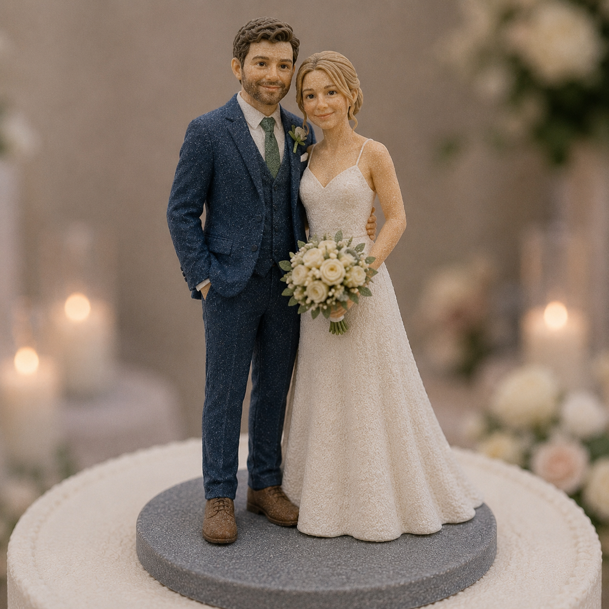 Custom wedding couple figurine displayed as a cake topper – AI-generated concept rendering