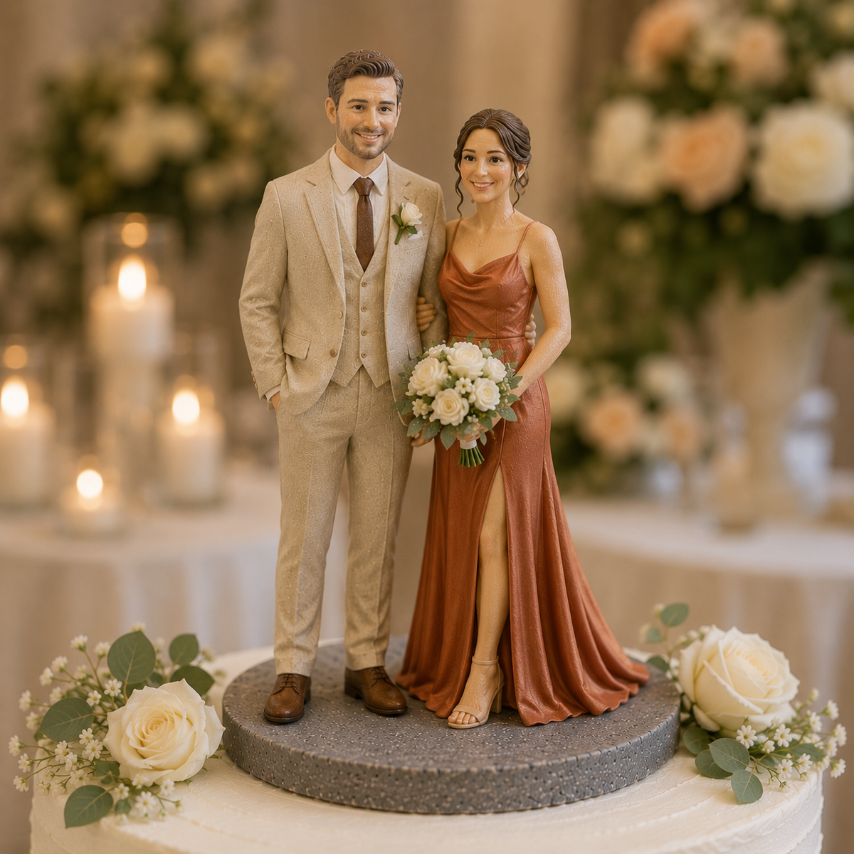 Personalized couple cake topper figurine for evening wedding table display – AI-generated concept rendering