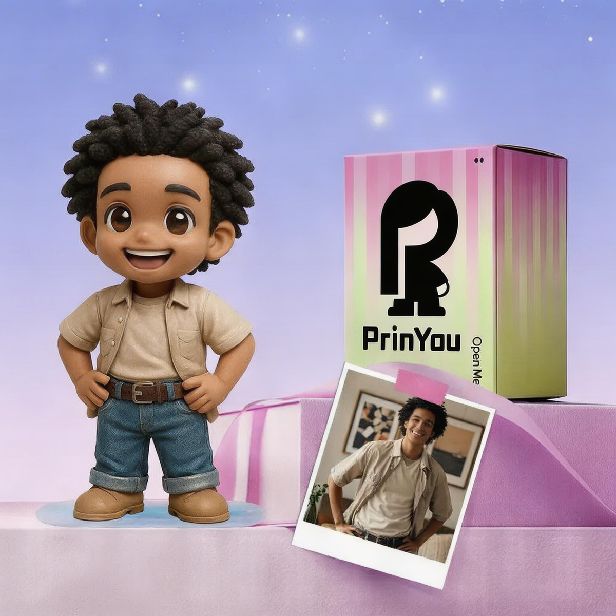 Personalized Mini-Me 3D Figurine for Boys display example – AI-generated concept rendering