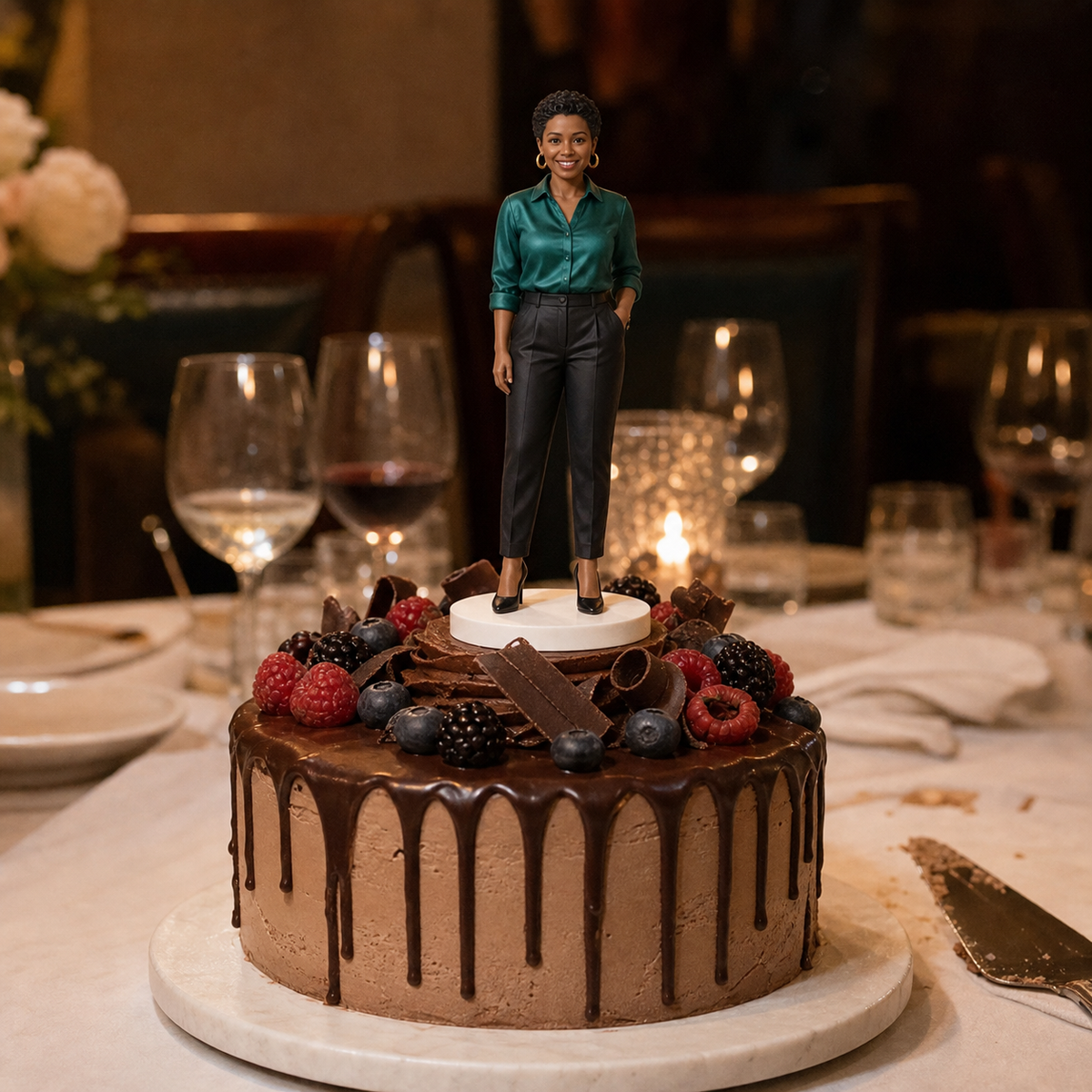 Custom birthday cake topper figurine packaging and order presentation – AI-generated concept rendering