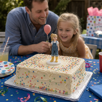 Birthday topper figurine from photo with alternate pose view – AI-generated concept rendering