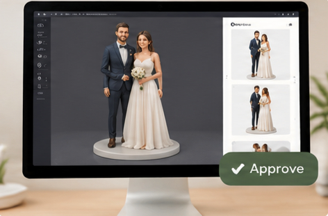 PrinYou 3D model confirmation preview with approve button on screen