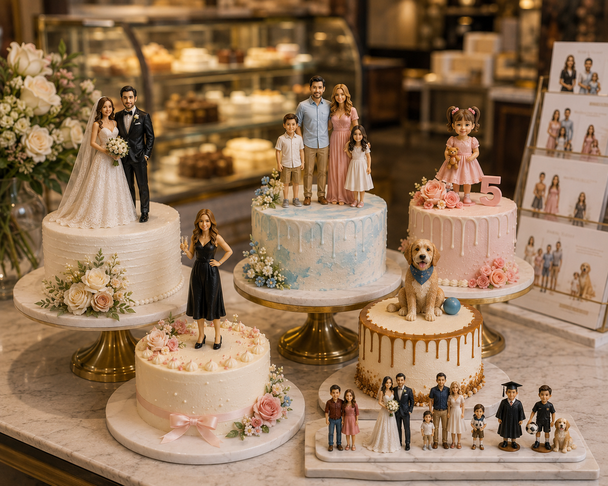 Wedding topper keepsake with hand-finished bride and groom detail – AI-generated concept rendering