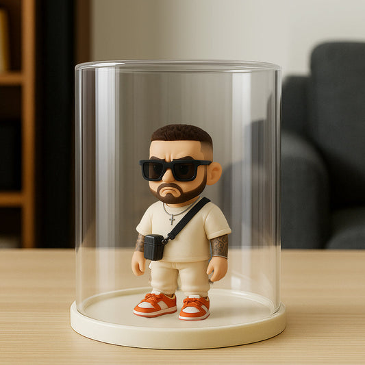 Custom 3D Action Figure with Display Case side view – AI-generated concept rendering