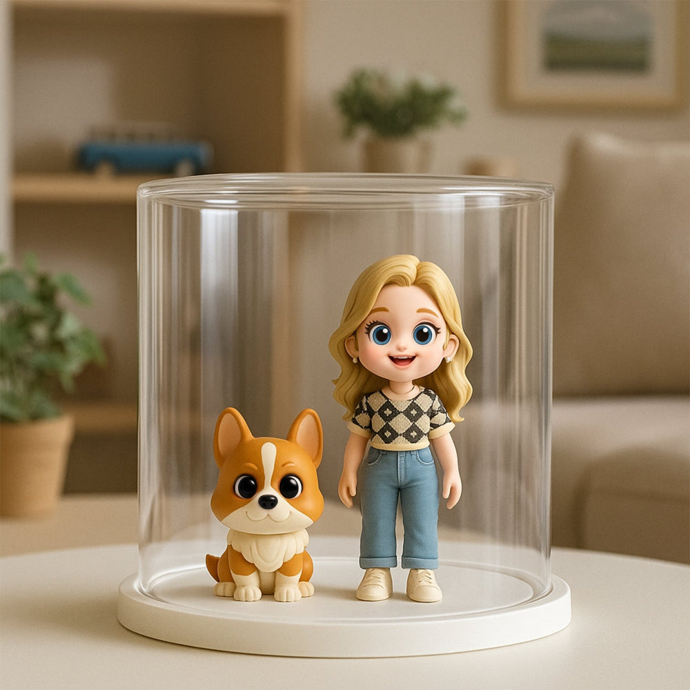 Custom 3D Action Figure with Display Case finished keepsake angle – AI-generated concept rendering