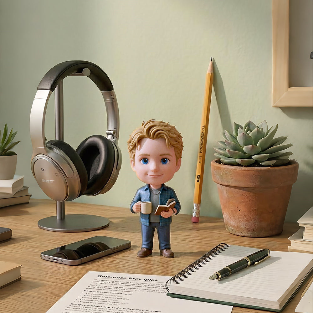 Desk display custom figurine beside headphones