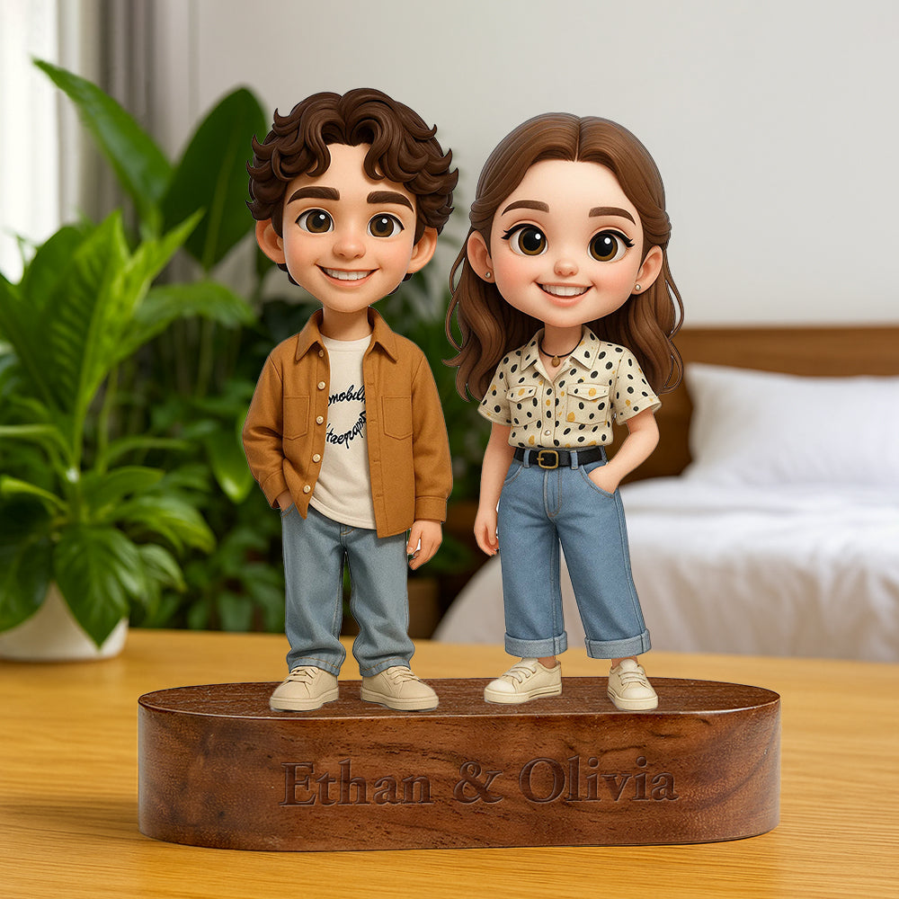 Custom 3D Figurine with Engraved Wood Base side view – AI-generated concept rendering