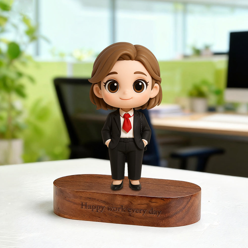 Custom 3D Figurine with Engraved Wood Base display example – AI-generated concept rendering