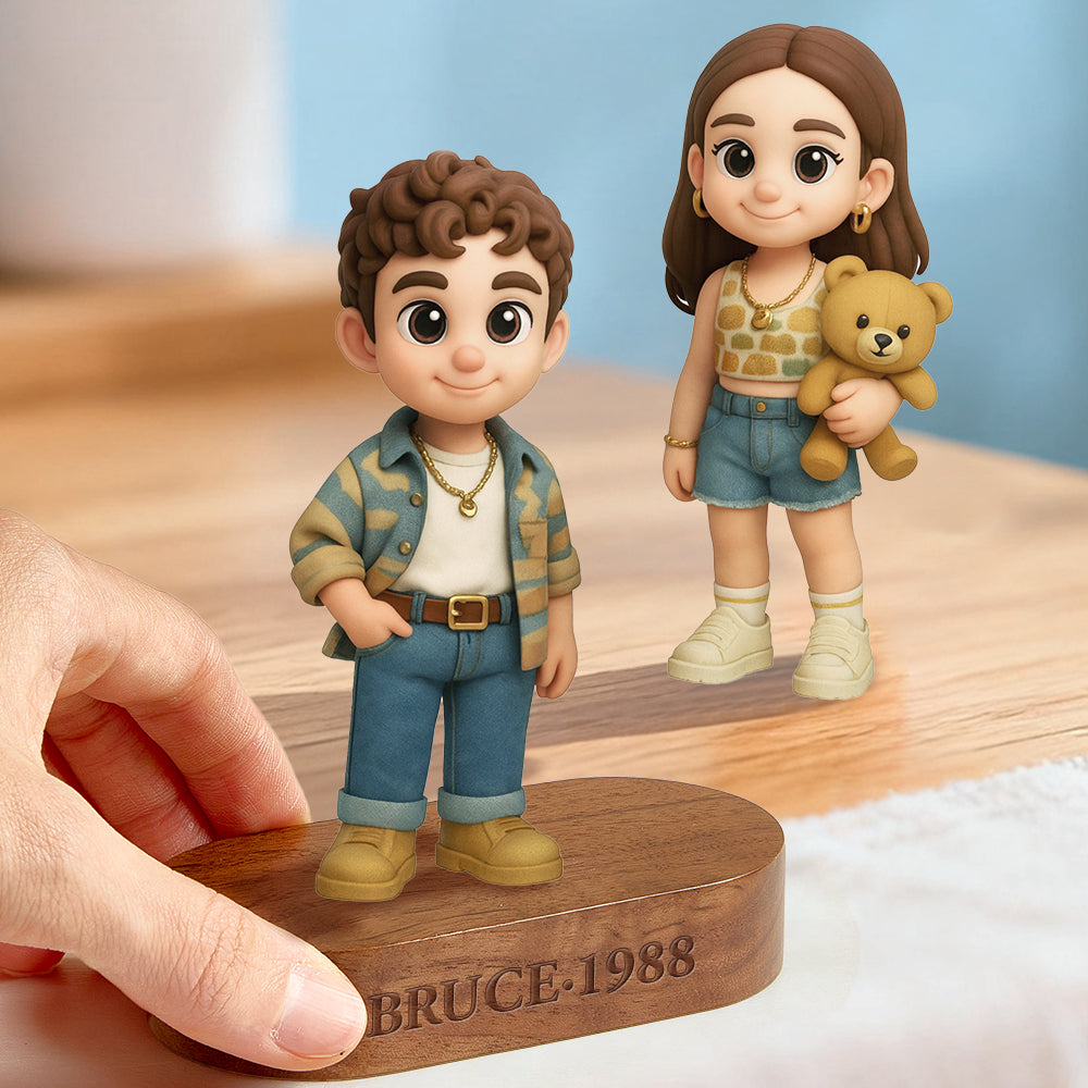 Custom 3D Figurine with Engraved Wood Base gift presentation – AI-generated concept rendering
