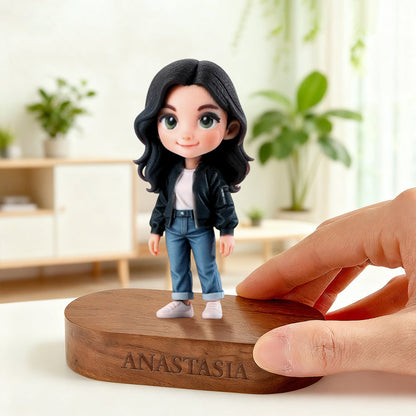 Custom 3D Figurine with Engraved Wood Base finished keepsake angle – AI-generated concept rendering
