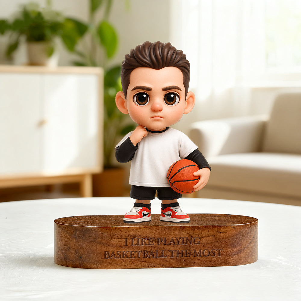 Custom 3D Figurine with Engraved Wood Base hand-finished detail – AI-generated concept rendering