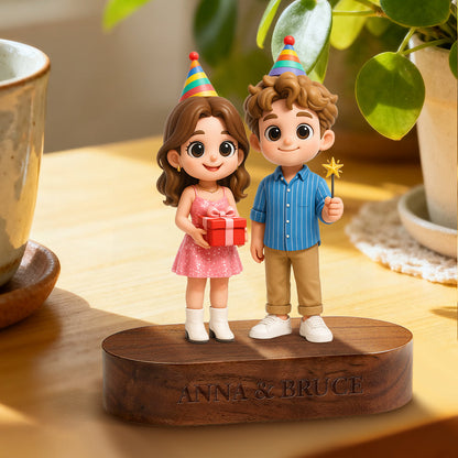 Custom 3D Figurine with Engraved Wood Base packaging detail – AI-generated concept rendering