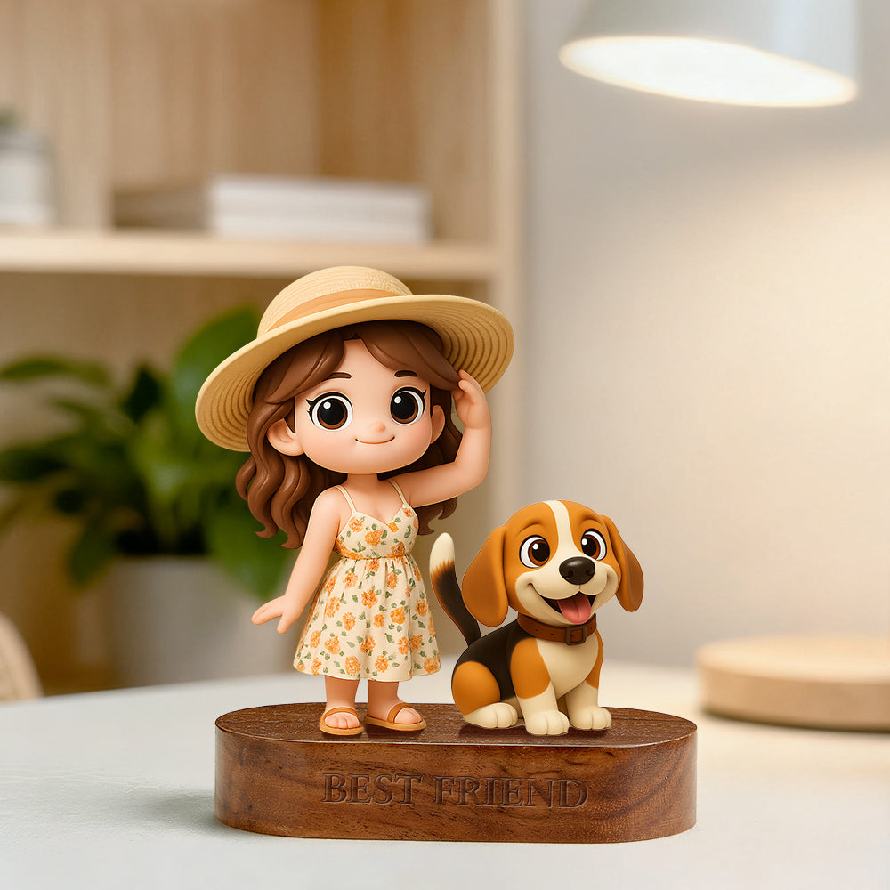 Custom 3D Figurine with Engraved Wood Base shelf display view – AI-generated concept rendering