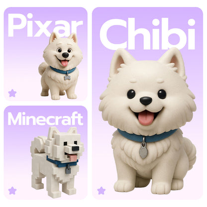 Custom 3D Pet Figurine from Photo shelf display view – AI-generated concept rendering