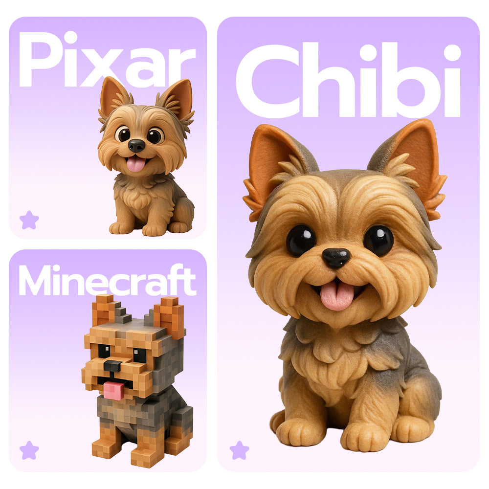 Custom 3D Pet Figure Keychain from Photo alternate pose view – AI-generated concept rendering
