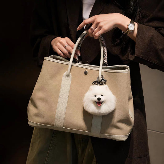 Custom needle felted wool pet face bag charm on a leather strap