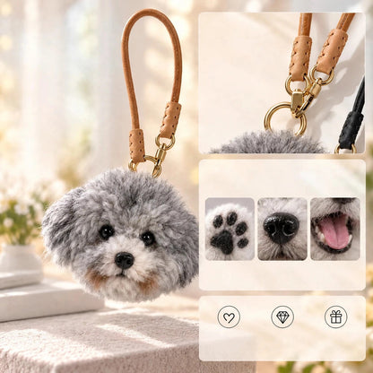 Custom needle felted wool pet face bag charm on a leather strap