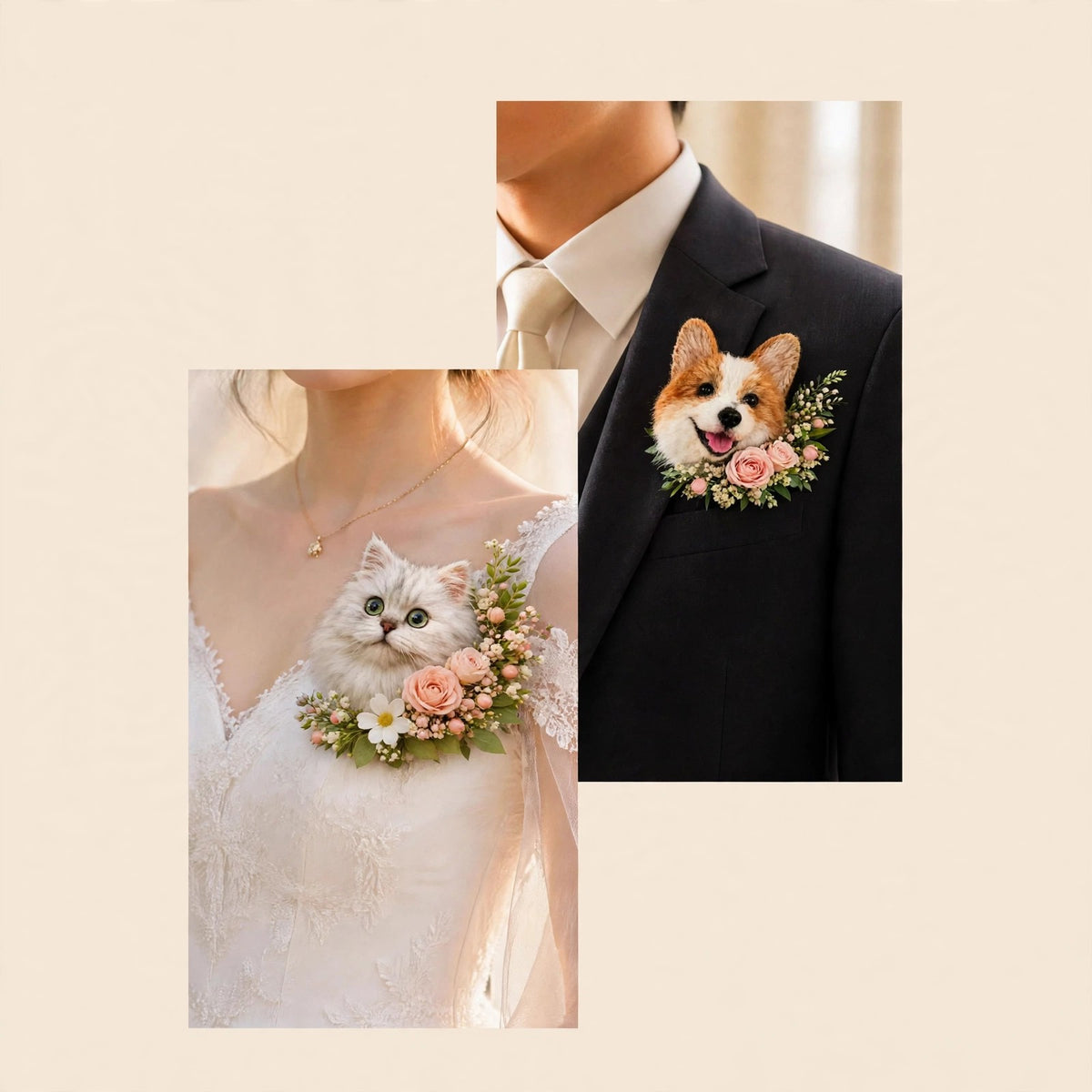 Custom needle felted wool pet face brooch and wedding wrist corsage